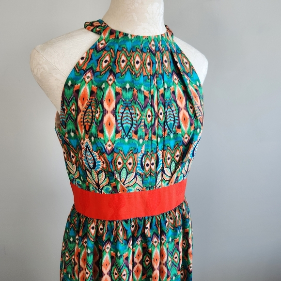 Eliza J Pleated Smocked Orange and Green Resort Maxi Dress - Picture 6 of 13